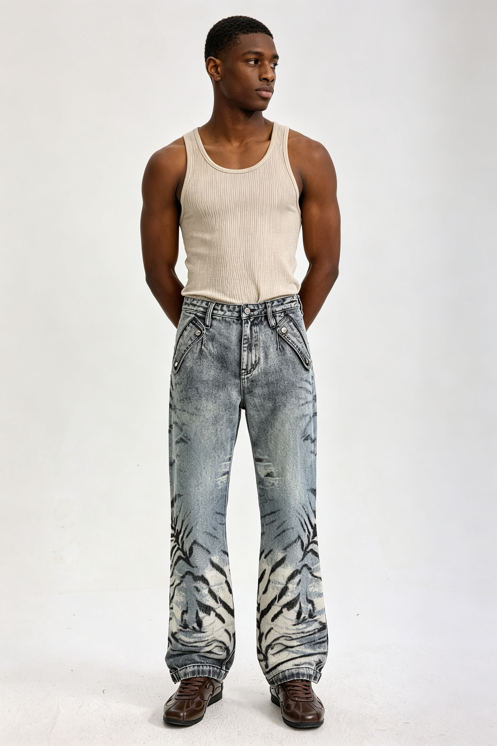 Custom Acid Wash Ink Mountain Landscape Print Wide Leg Jeans | Men Faded Vintage Streetwear Denim Pants