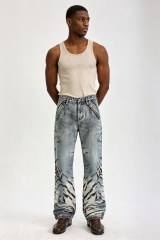 Custom Acid Wash Ink Mountain Landscape Print Wide Leg Jeans | Men Faded Vintage Streetwear Denim Pants
