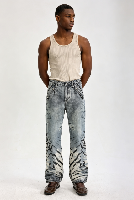 Custom Acid Wash Ink Mountain Landscape Print Wide Leg Jeans | Men Faded Vintage Streetwear Denim Pants