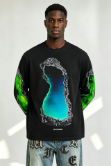 Custom Black Crewneck Sweatshirt Gradient Cave Liquid Graphic Print | Men Oversized Streetwear Long Sleeve Sweatshirt