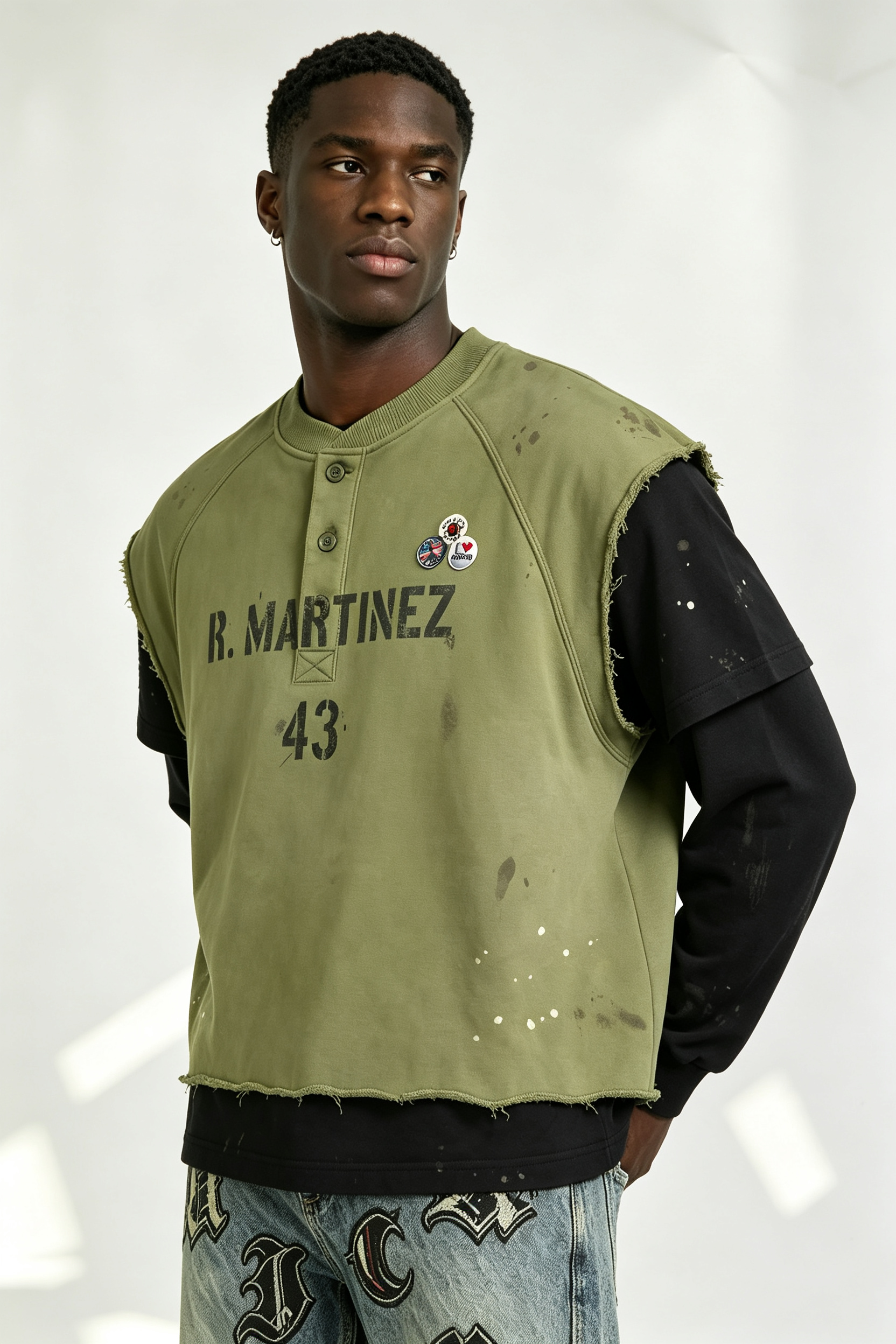Custom R. Martinez 43 Layered Look Paint Splatter Henley Vest Over Long Sleeve Tee | Men Distressed Streetwear 2-in-1 Top