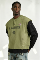 Custom R. Martinez 43 Layered Look Paint Splatter Henley Vest Over Long Sleeve Tee | Men Distressed Streetwear 2-in-1 Top