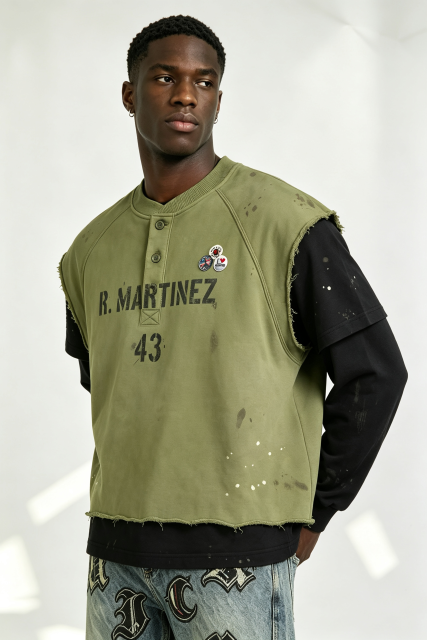 Custom R. Martinez 43 Layered Look Paint Splatter Henley Vest Over Long Sleeve Tee | Men Distressed Streetwear 2-in-1 Top