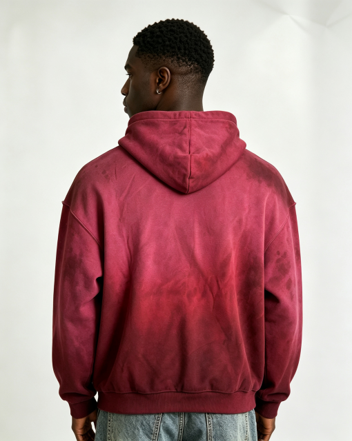 Custom Burgundy Gradient Sun Faded Hoodie | Men Oversized Vintage Washed Streetwear Hooded Sweatshirt