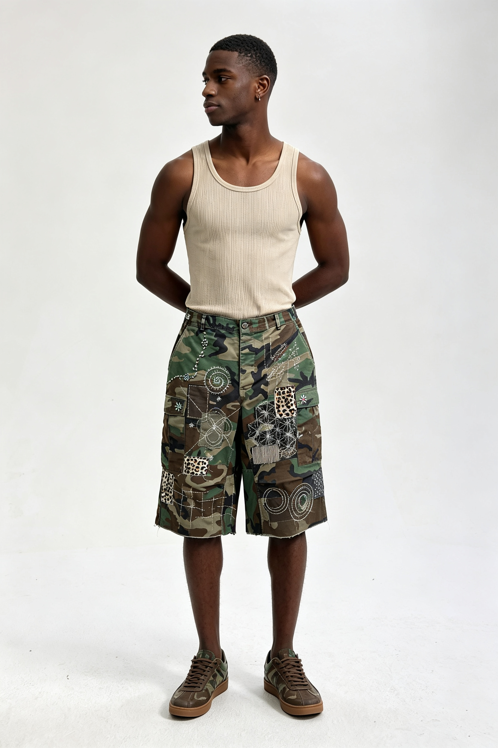 Custom Camo Patchwork Cargo Shorts with Hand Stitch Embroidery | Men Distressed Streetwear Jort Knee Length Shorts