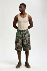 Custom Camo Patchwork Cargo Shorts with Hand Stitch Embroidery | Men Distressed Streetwear Jort Knee Length Shorts
