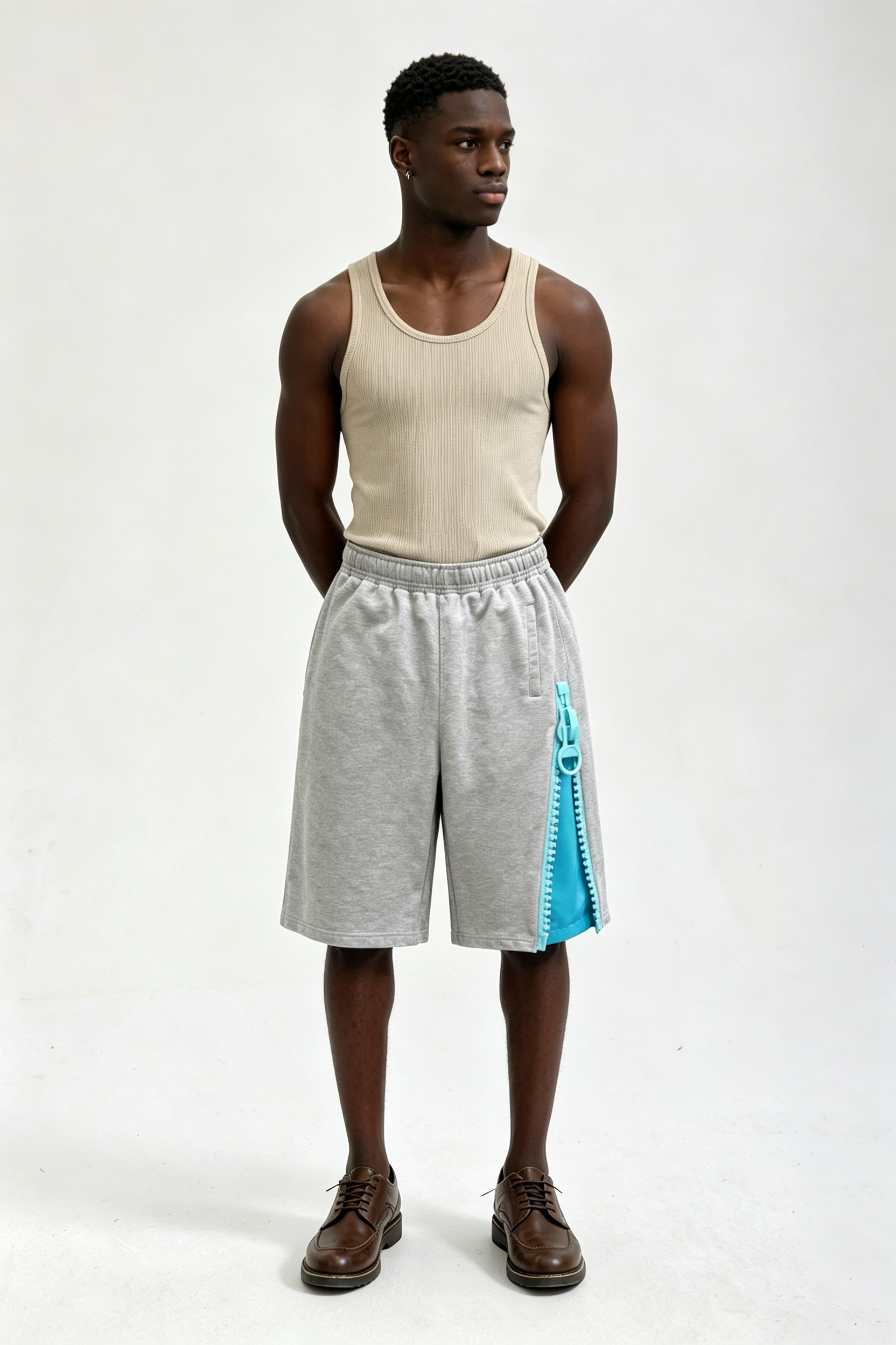 Custom Heather Grey Side Zip Contrast Liner Sweat Shorts | Men Oversized Streetwear Knee Length French Terry Shorts