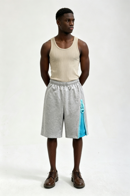 Custom Heather Grey Side Zip Contrast Liner Sweat Shorts | Men Oversized Streetwear Knee Length French Terry Shorts