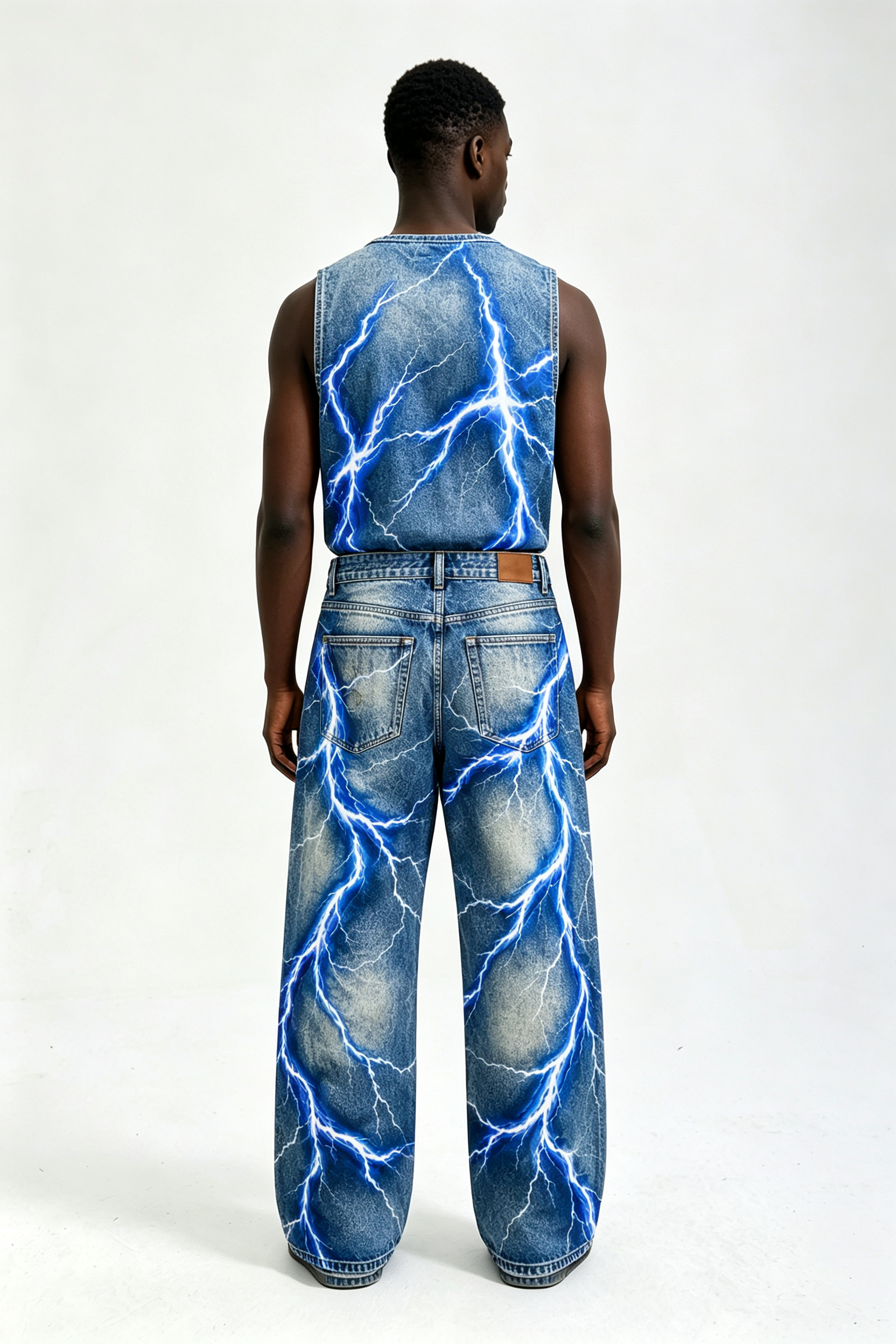 Custom Vintage Washed Blue Lightning Graphic Print Baggy Wide Leg Jeans | Men Y2K Streetwear Denim Pants