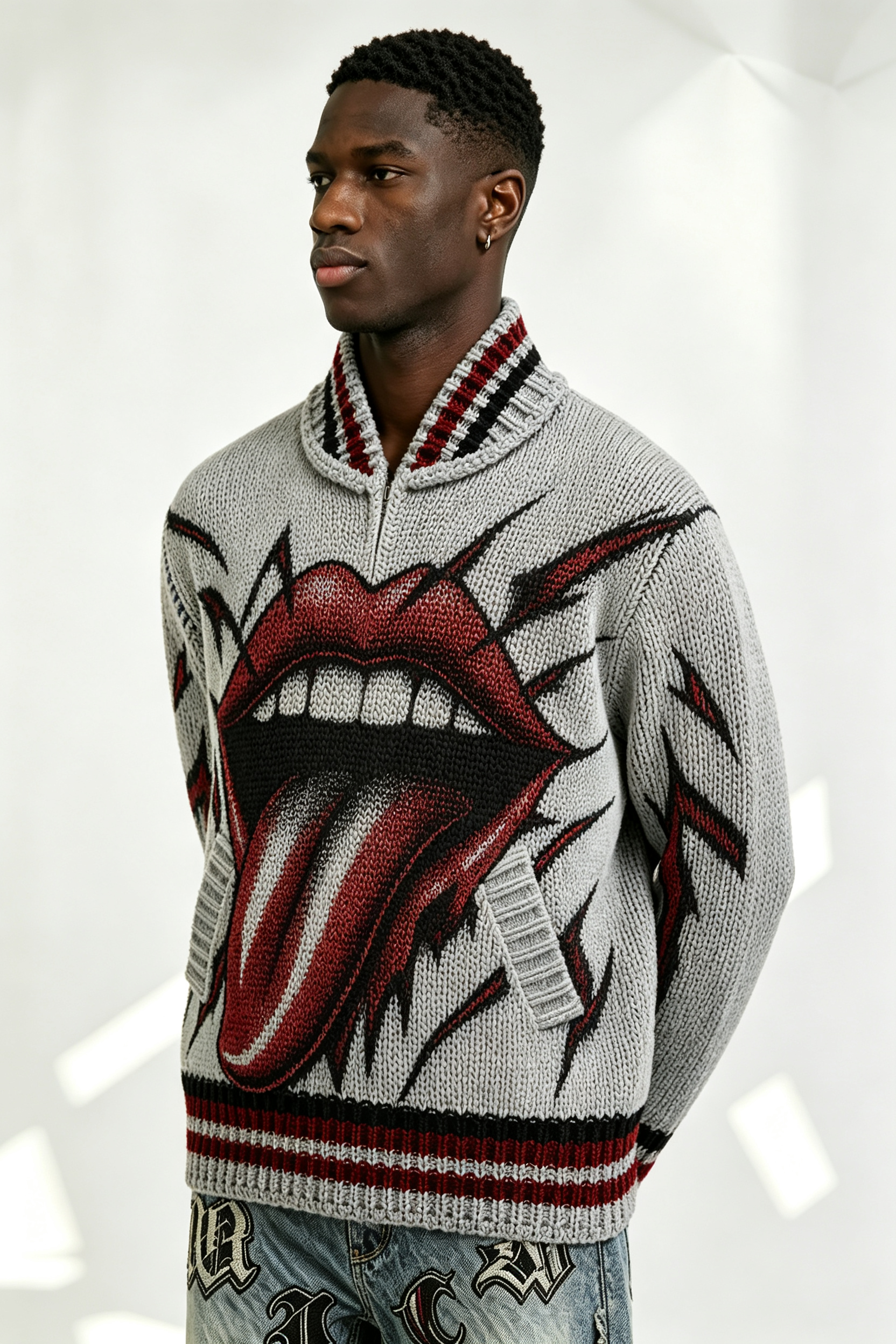 Custom Grey Chunky Knit Half Zip Sweater with Big Mouth Tongue Jacquard | Men Retro Punk Streetwear Pullover