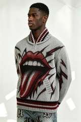Custom Grey Chunky Knit Half Zip Sweater with Big Mouth Tongue Jacquard | Men Retro Punk Streetwear Pullover
