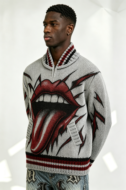 Custom Grey Chunky Knit Half Zip Sweater with Big Mouth Tongue Jacquard | Men Retro Punk Streetwear Pullover