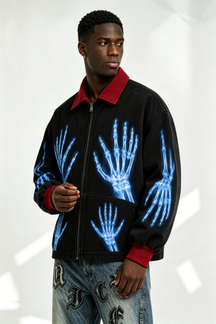 Custom Black Work Jacket with Red Contrast Collar & Blue X-Ray Skeleton Hand Print | Men Gothic Streetwear Zip Canvas Jacket