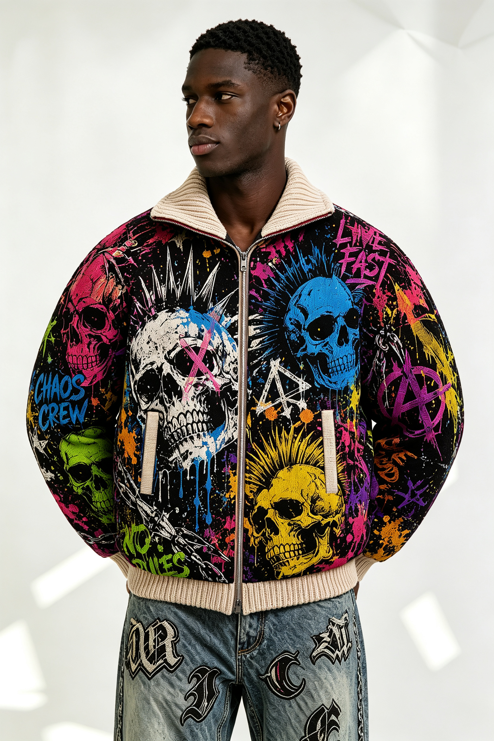 Custom Multicolor Skull Graffiti Tapestry Jacquard Zip Bomber Jacket | Men Punk "Chaos Crew" Streetwear Outerwear
