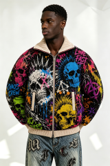 Custom Multicolor Skull Graffiti Tapestry Jacquard Zip Bomber Jacket | Men Punk "Chaos Crew" Streetwear Outerwear