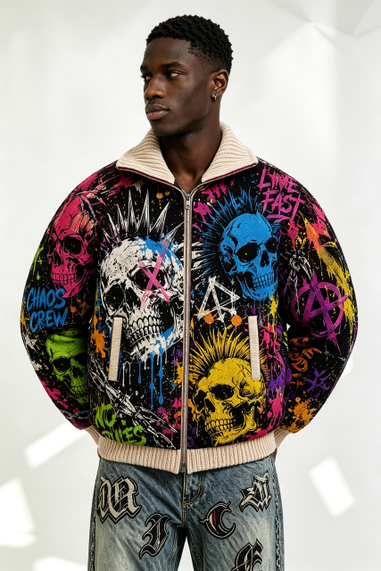 Custom Multicolor Skull Graffiti Tapestry Jacquard Zip Bomber Jacket | Men Punk "Chaos Crew" Streetwear Outerwear