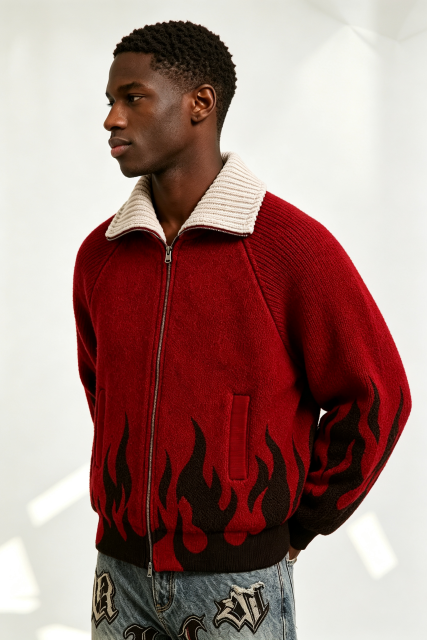 Custom Red Full Zip Knit Jacket with Black Flame Jacquard | Men Y2K Streetwear Boxy Knitted Outerwear