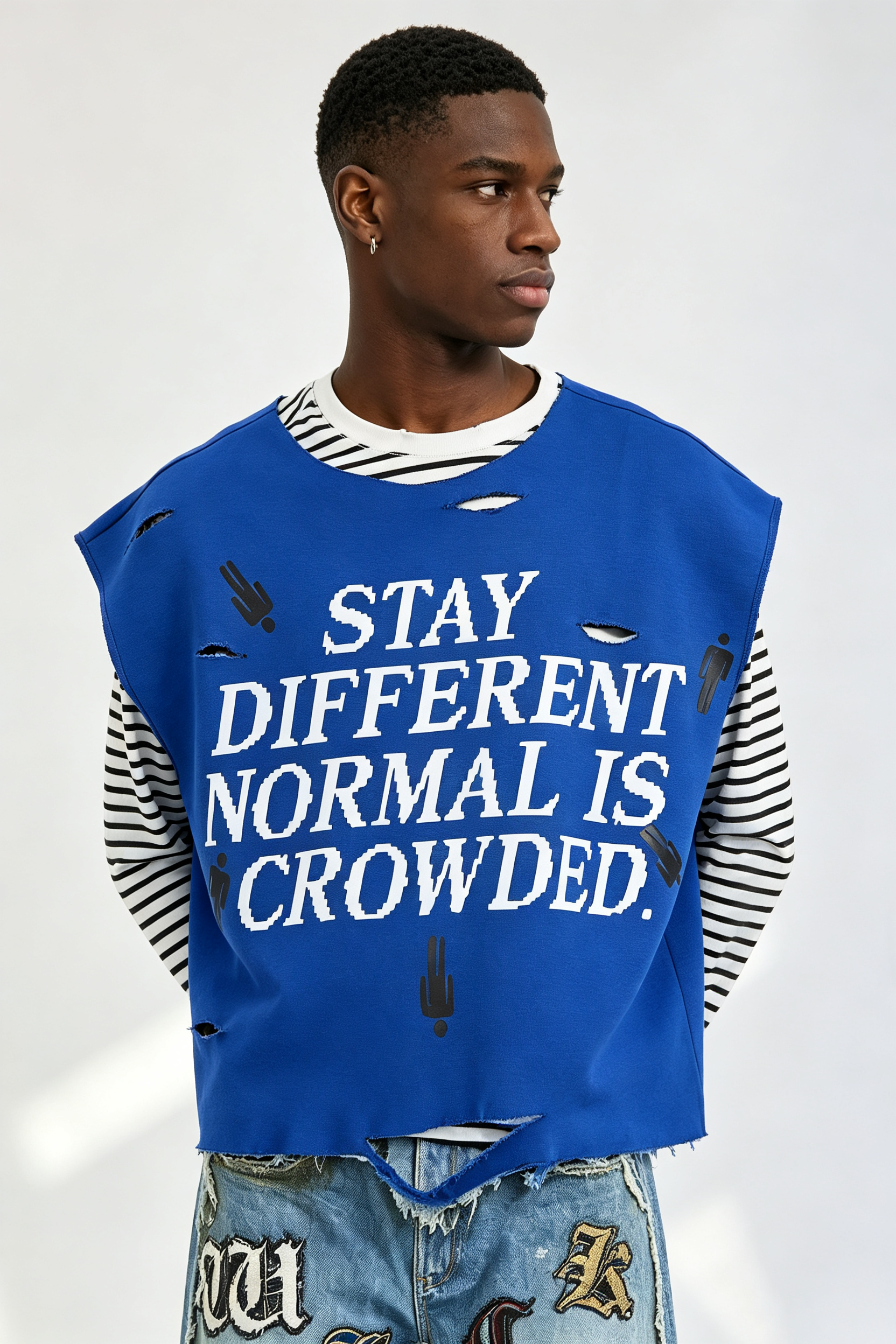 Custom "Stay Different" Pixel Slogan Distressed Layered Look Long‑Sleeve Tee | Men Oversized Fake‑2‑Piece Streetwear Top