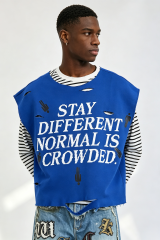 Custom "Stay Different" Pixel Slogan Distressed Layered Look Long‑Sleeve Tee | Men Oversized Fake‑2‑Piece Streetwear Top