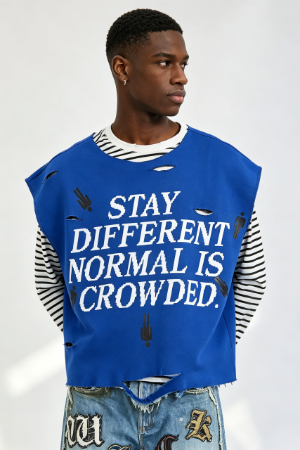 Custom "Stay Different" Pixel Slogan Distressed Layered Look Long‑Sleeve Tee | Men Oversized Fake‑2‑Piece Streetwear Top