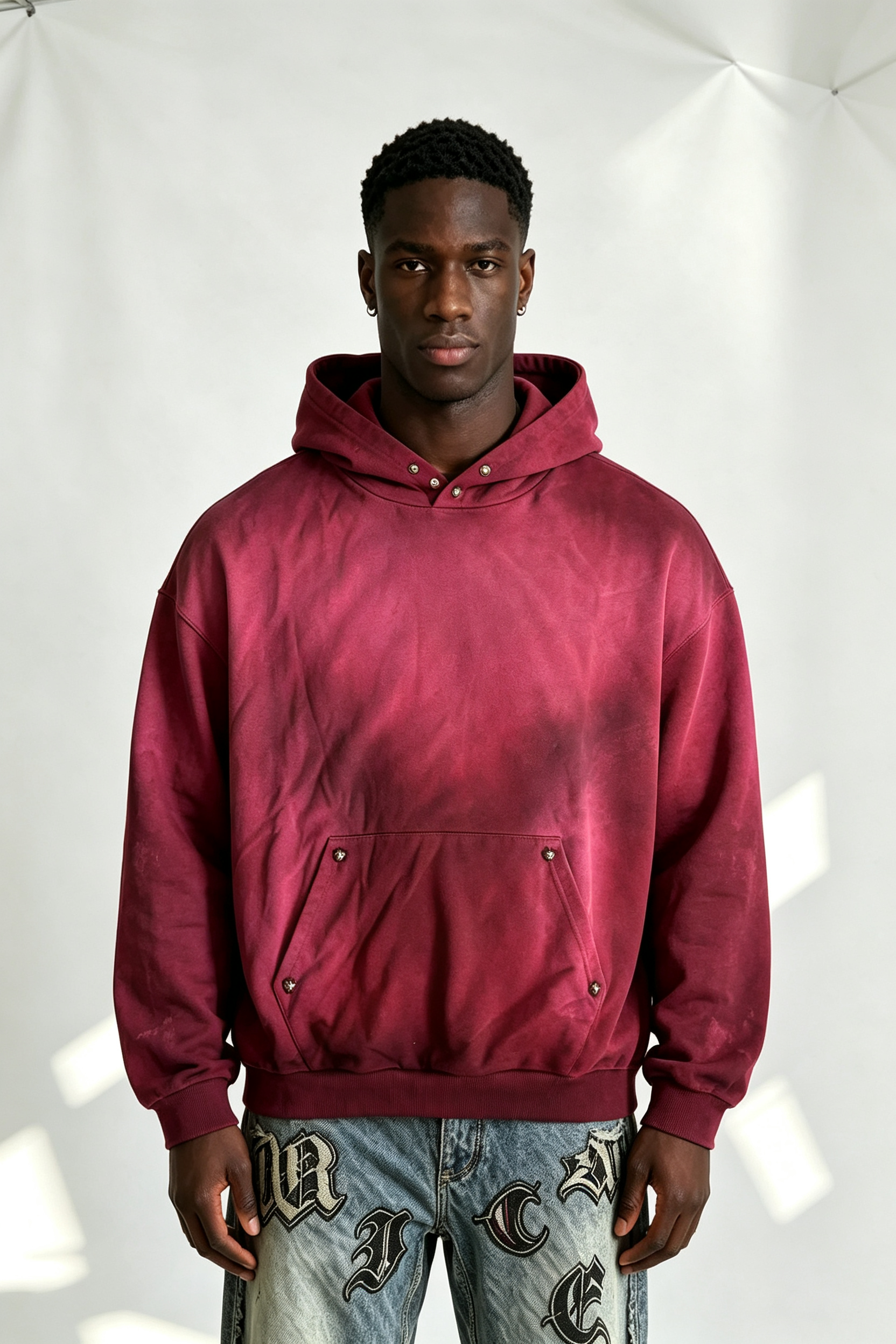 Custom Burgundy Gradient Sun Faded Hoodie | Men Oversized Vintage Washed Streetwear Hooded Sweatshirt