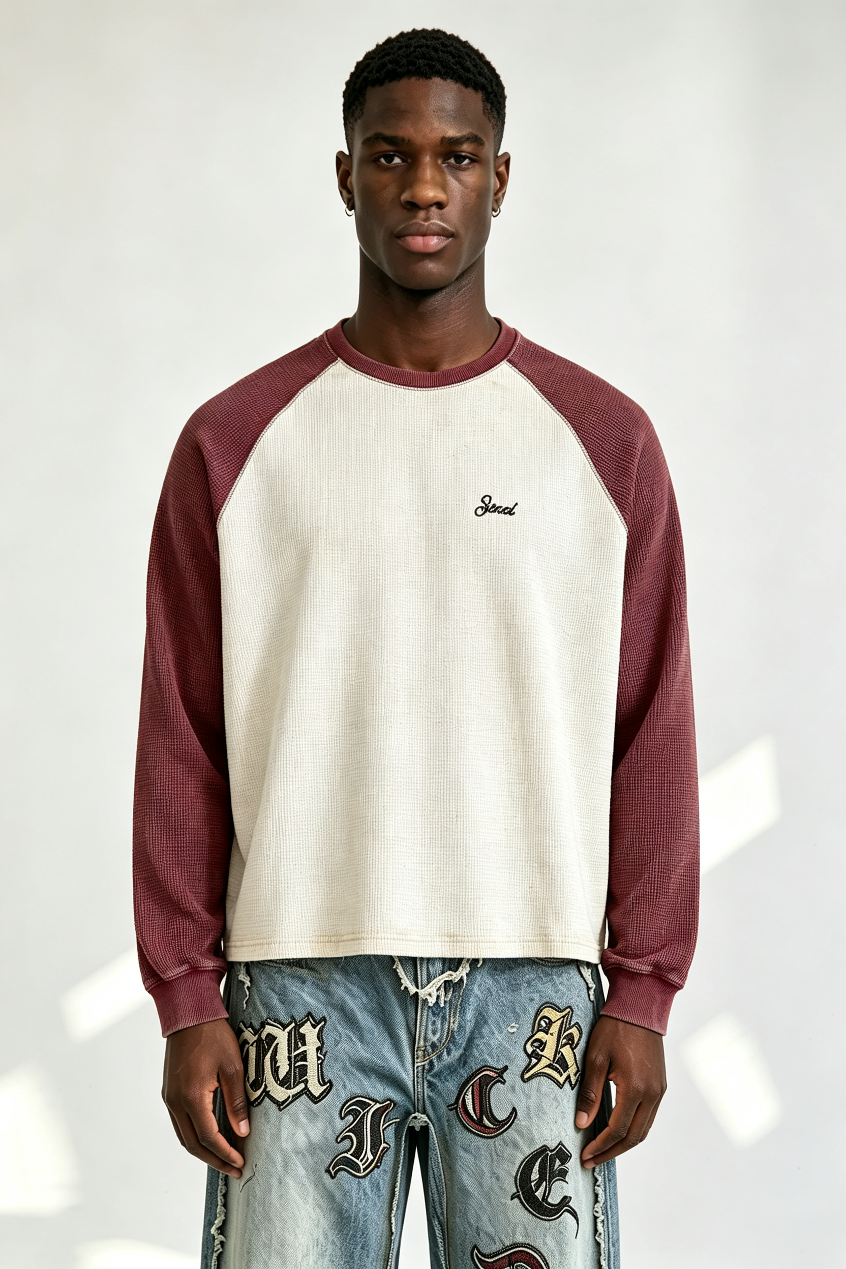 Custom Burgundy Off White Waffle Raglan Long Sleeve Tee | Men Cropped Boxy Vintage Embroidered Streetwear Top