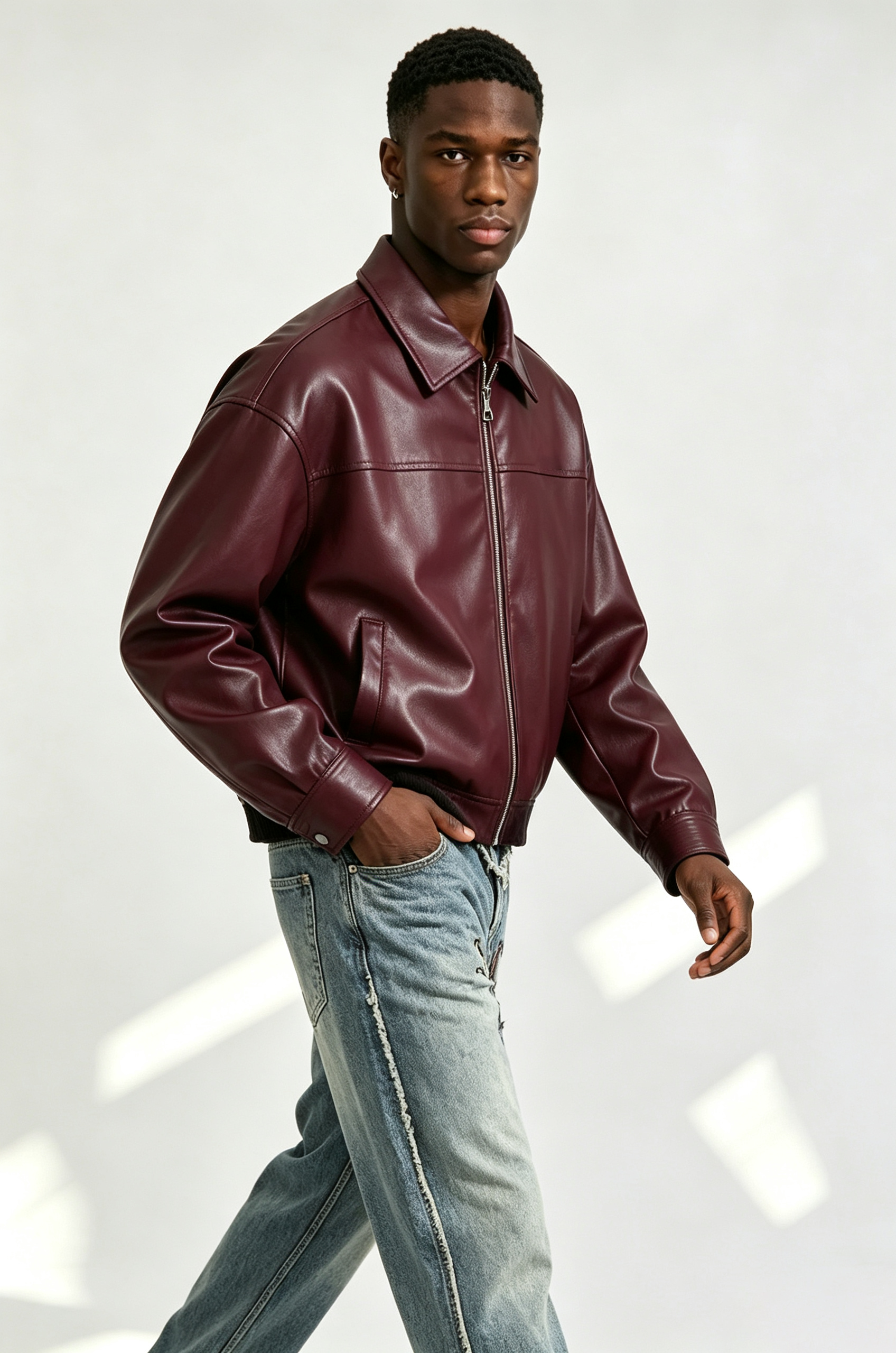 Custom Burgundy Plain Faux Leather Cropped Collar Zip Jacket | Men Oversized Boxy Retro Streetwear Bomber