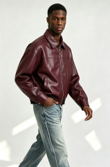 Custom Burgundy Plain Faux Leather Cropped Collar Zip Jacket | Men Oversized Boxy Retro Streetwear Bomber