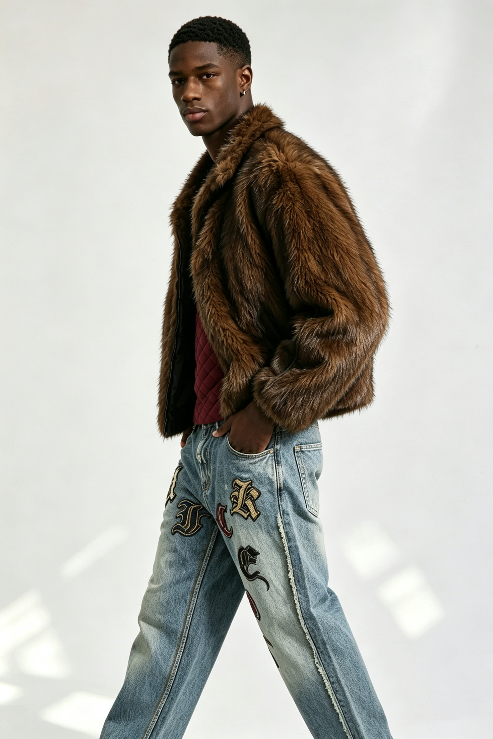 Custom Brown Gradient Faux Fur Lapel Jacket | Men Cropped Boxy Oversized Luxe Streetwear Outerwear