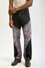 Custom Black Flare Jeans with Pixel Gradient Snake Print | Men Retro Wide Leg Streetwear Graphic Denim Pants