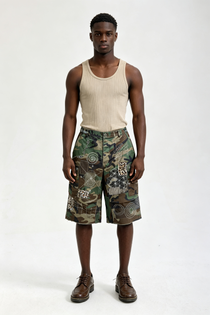 Custom Camo Patchwork Cargo Shorts with Hand Stitch Embroidery | Men Distressed Streetwear Jort Knee Length Shorts