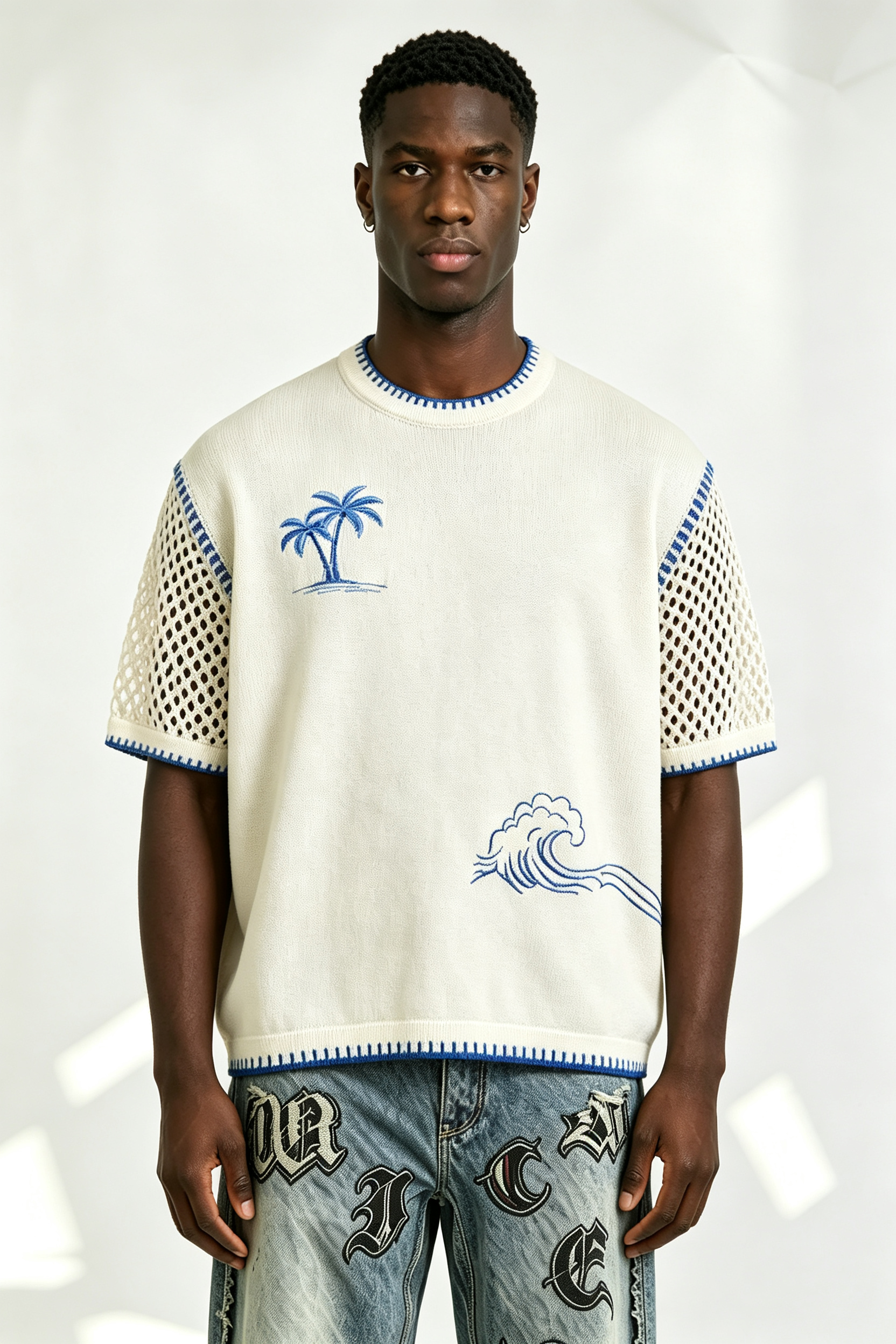 Custom Off-White Palm Tree Wave Embroidery Mesh Sleeve Knit Sweater | Men Boxy Oversized Coastal Short Sleeve Top