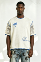 Custom Off-White Palm Tree Wave Embroidery Mesh Sleeve Knit Sweater | Men Boxy Oversized Coastal Short Sleeve Top