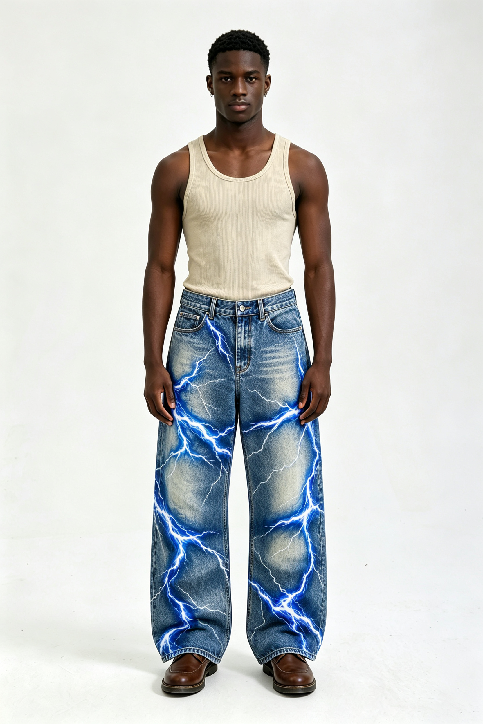 Custom Vintage Washed Blue Lightning Graphic Print Baggy Wide Leg Jeans | Men Y2K Streetwear Denim Pants