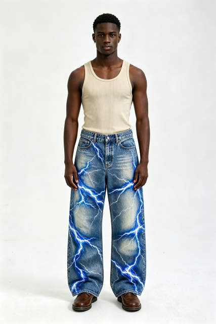 Custom Vintage Washed Blue Lightning Graphic Print Baggy Wide Leg Jeans | Men Y2K Streetwear Denim Pants