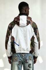 Custom Camo Off-White Color Block Hooded Windbreaker Jacket | Men Neon Zipper Accents Technical Streetwear Anorak