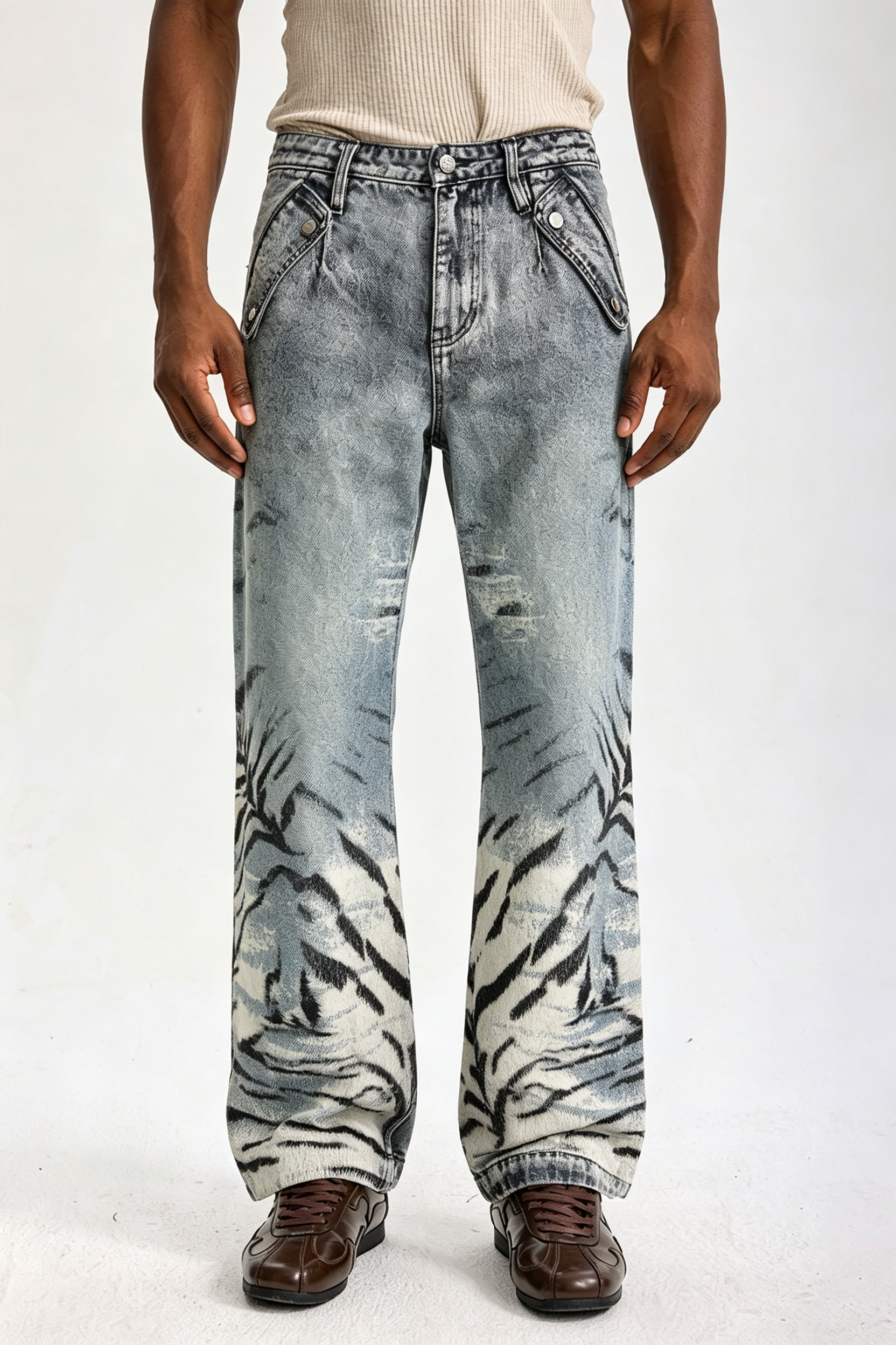 Custom Acid Wash Ink Mountain Landscape Print Wide Leg Jeans | Men Faded Vintage Streetwear Denim Pants