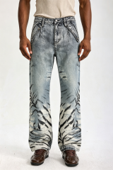 Custom Acid Wash Ink Mountain Landscape Print Wide Leg Jeans | Men Faded Vintage Streetwear Denim Pants