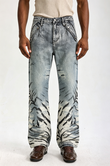 Custom Acid Wash Ink Mountain Landscape Print Wide Leg Jeans | Men Faded Vintage Streetwear Denim Pants