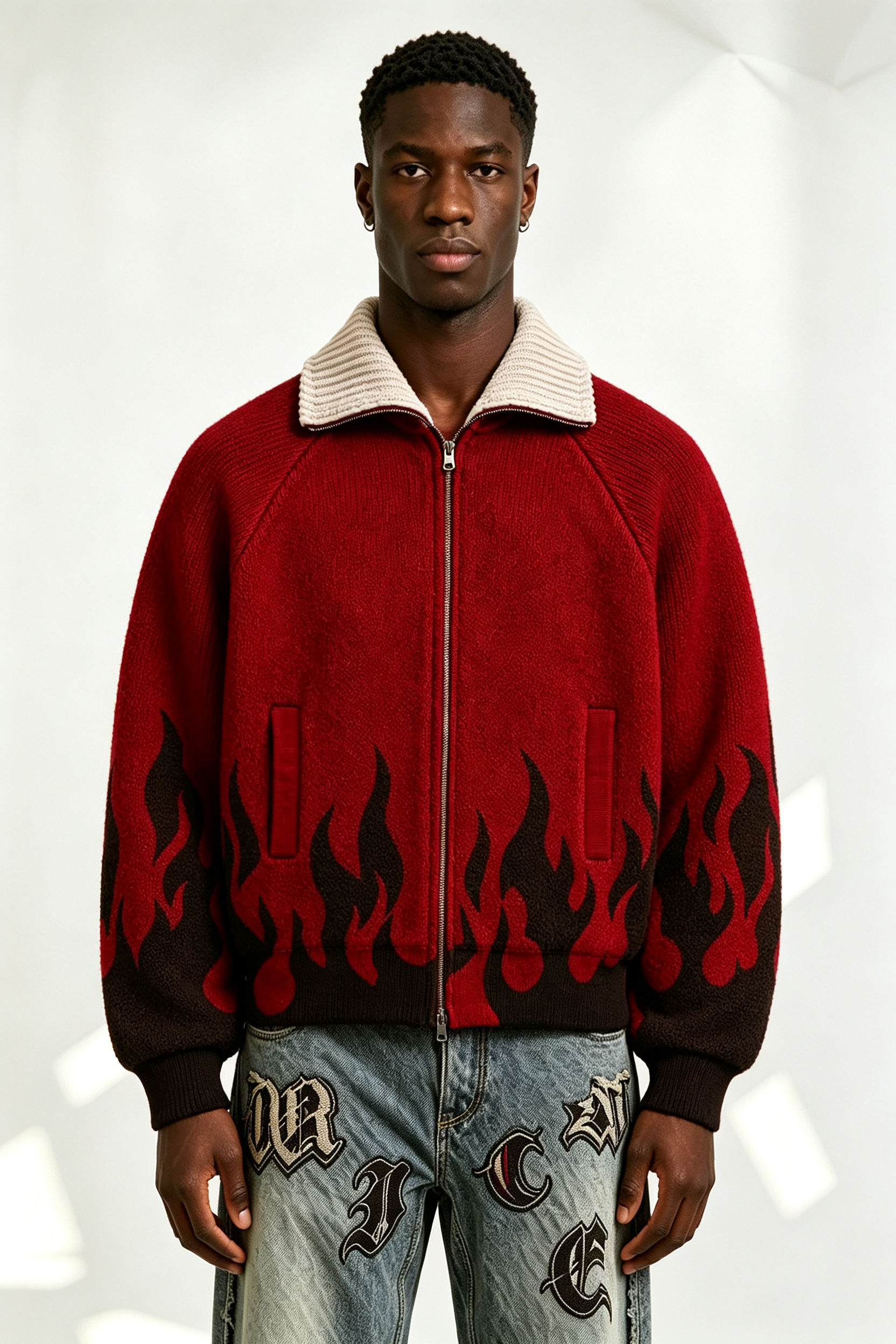 Custom Red Full Zip Knit Jacket with Black Flame Jacquard | Men Y2K Streetwear Boxy Knitted Outerwear