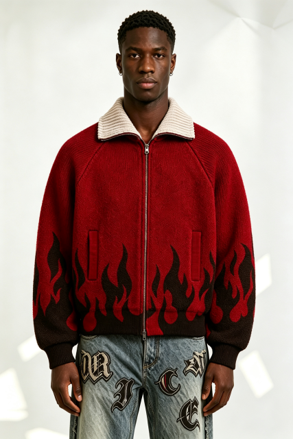 Custom Red Full Zip Knit Jacket with Black Flame Jacquard | Men Y2K Streetwear Boxy Knitted Outerwear