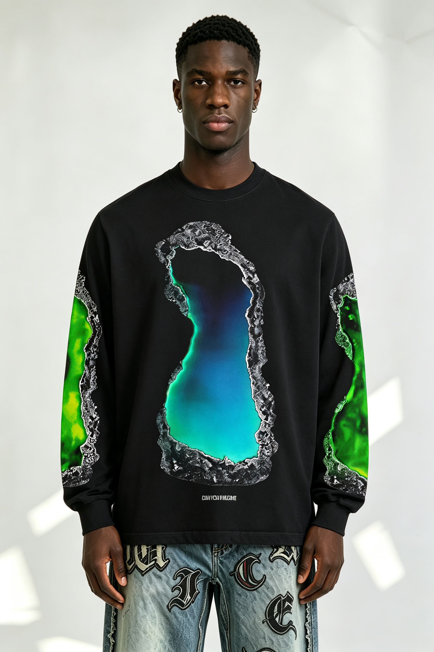Custom Black Crewneck Sweatshirt Gradient Cave Liquid Graphic Print | Men Oversized Streetwear Long Sleeve Sweatshirt