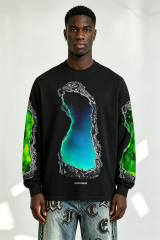 Custom Black Crewneck Sweatshirt Gradient Cave Liquid Graphic Print | Men Oversized Streetwear Long Sleeve Sweatshirt