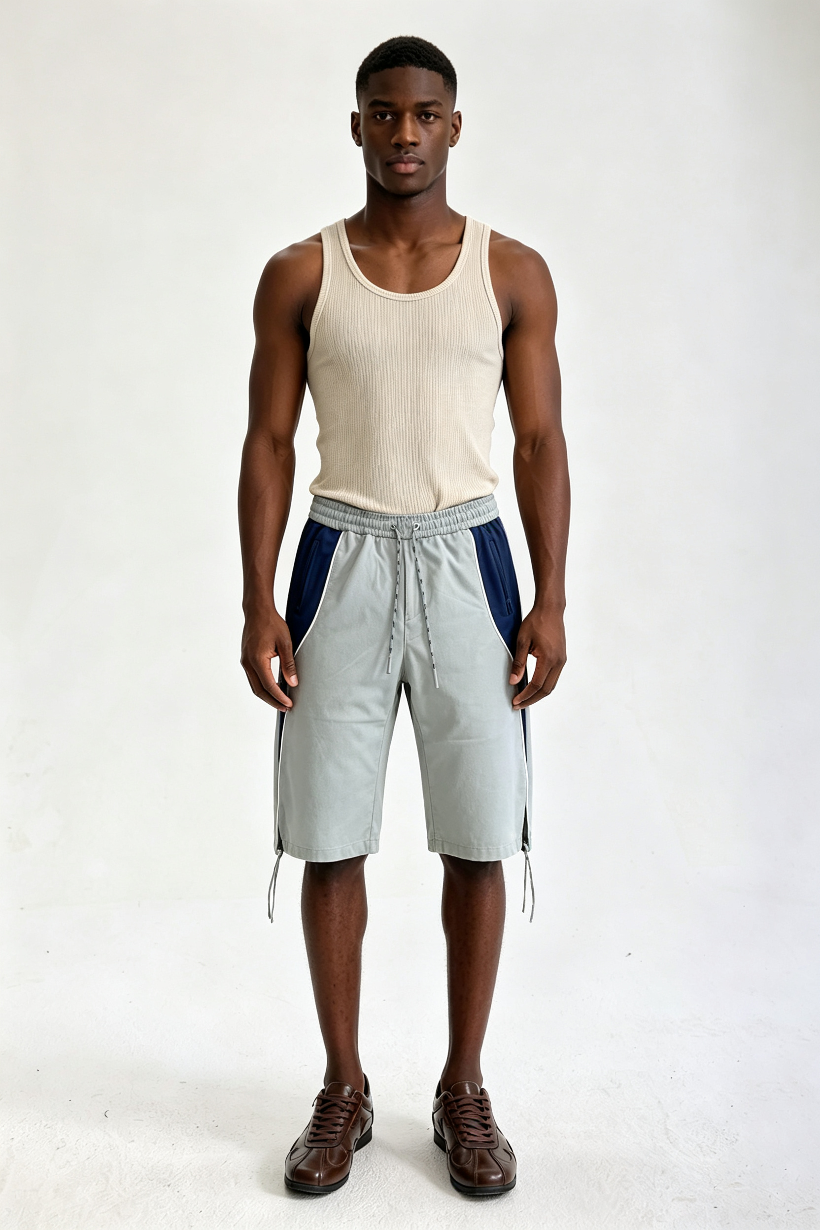 Custom Grey Navy Color Block Side Panel Drawstring Knee Length Shorts | Men Relaxed Wide Leg Streetwear Sports Shorts
