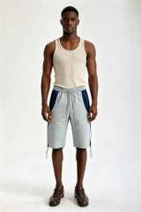 Custom Grey Navy Color Block Side Panel Drawstring Knee Length Shorts | Men Relaxed Wide Leg Streetwear Sports Shorts