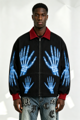 Custom Black Work Jacket with Red Contrast Collar & Blue X-Ray Skeleton Hand Print | Men Gothic Streetwear Zip Canvas Jacket
