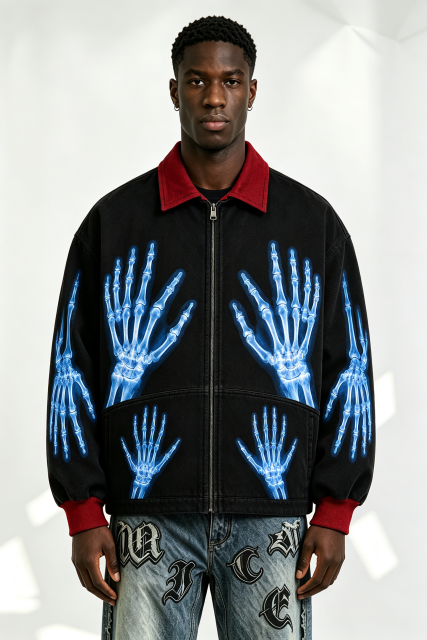 Custom Black Work Jacket with Red Contrast Collar & Blue X-Ray Skeleton Hand Print | Men Gothic Streetwear Zip Canvas Jacket