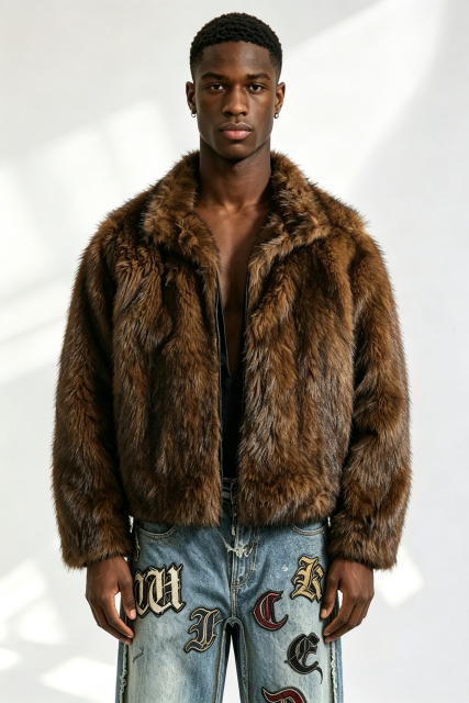 Custom Brown Gradient Faux Fur Lapel Jacket | Men Cropped Boxy Oversized Luxe Streetwear Outerwear