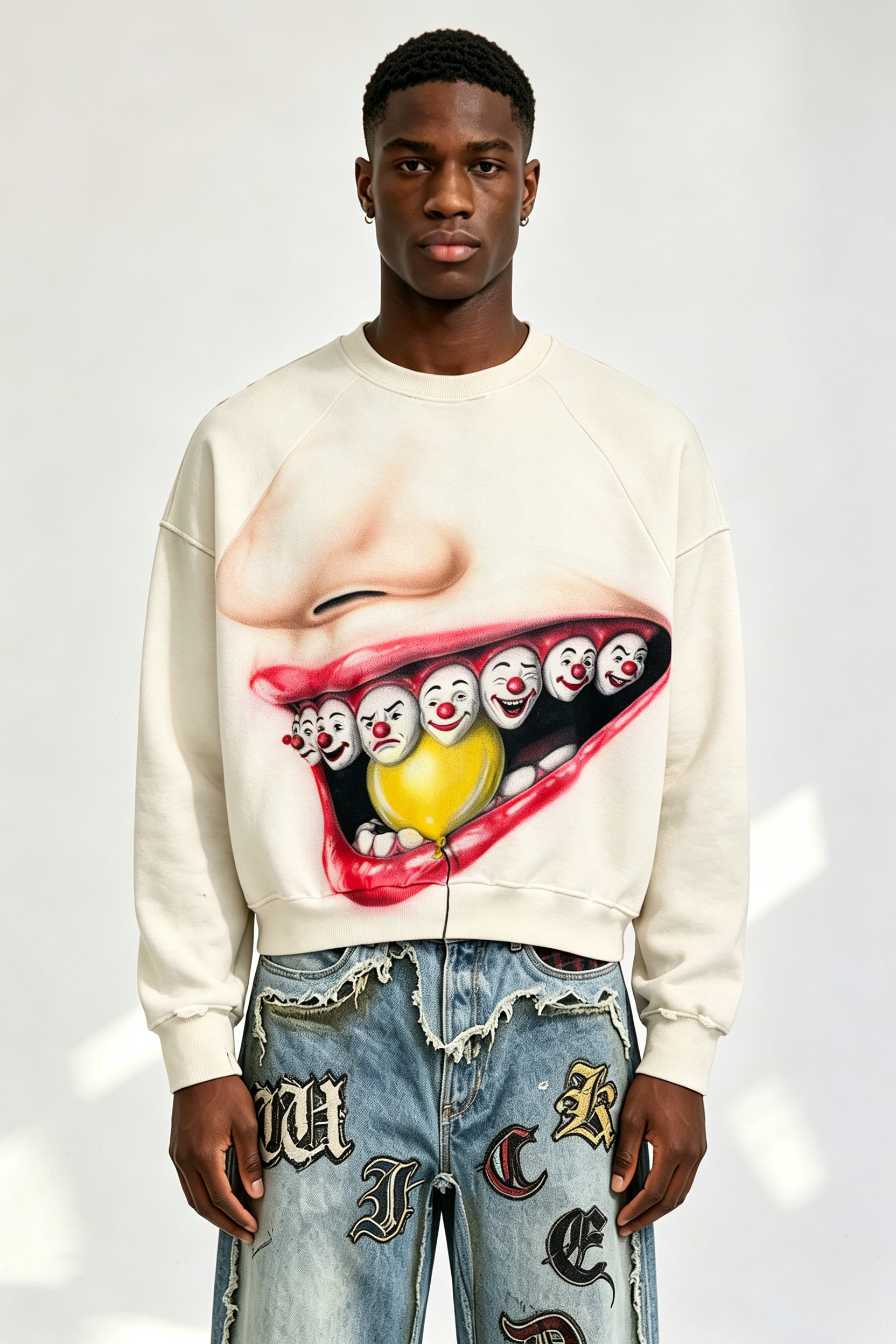 Custom Off White Crewneck Sweatshirt | Men Oversized Cropped Raglan Sleeve Clown Mouth Graphic Print Streetwear Jumper