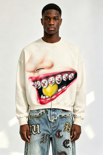 Custom Off White Crewneck Sweatshirt | Men Oversized Cropped Raglan Sleeve Clown Mouth Graphic Print Streetwear Jumper